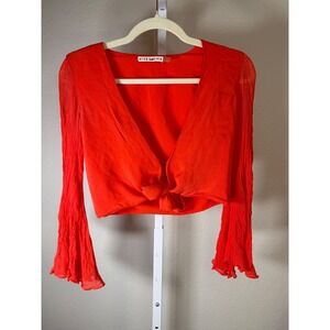 Alice Olivia Red Silk Viscose Tie Front Bell Sleeve Crop Top XS